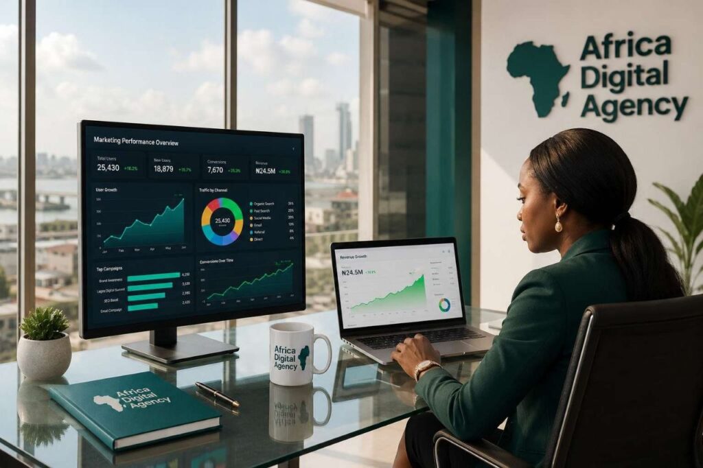 Africa Digital Agency team analyzing the cost of digital marketing in Nigeria using SEO and campaign performance dashboards