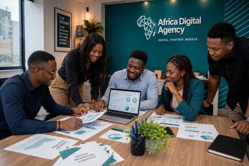 Africa Digital Agency team discussing the cost of digital marketing in Nigeria and planning SEO and social media campaigns