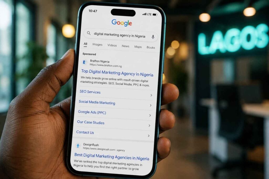 Mobile search results showing digital marketing agency prices in Nigeria and affordable digital marketing services in Lagos