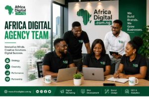 Africa Digital Agency team collaborating in a modern professional office environment with laptops, strategy discussions, and green corporate branding.