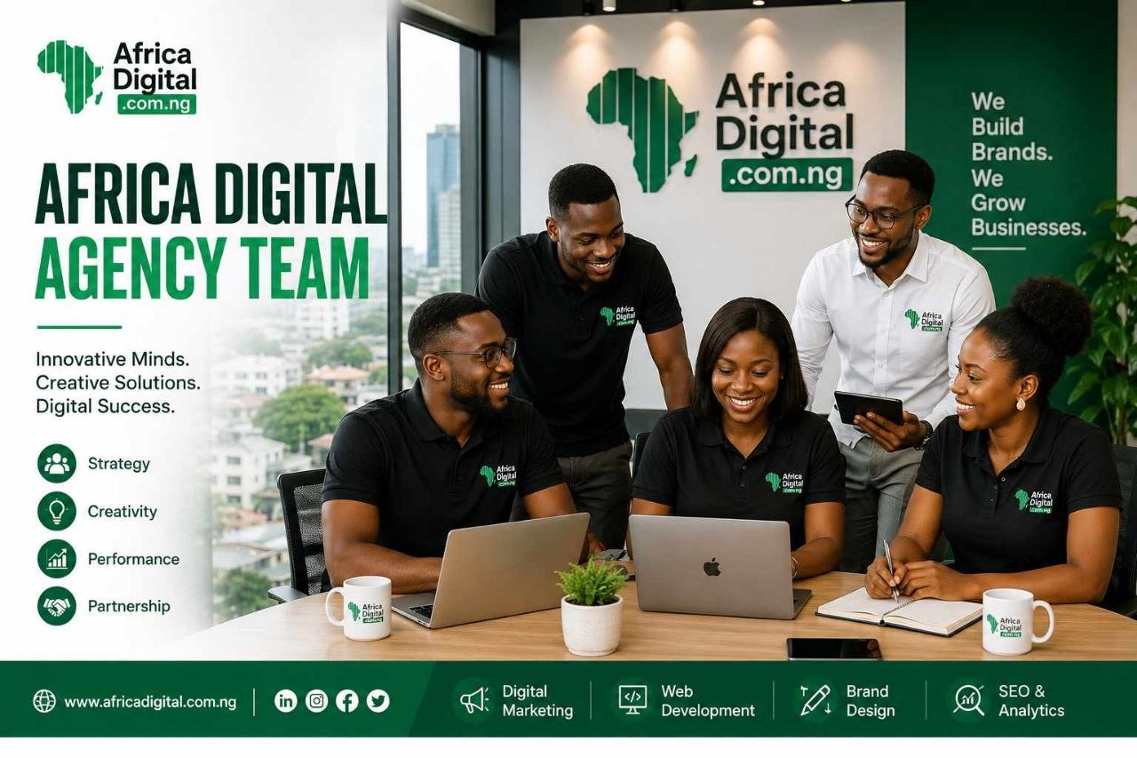 Africa Digital Agency team collaborating in a modern professional office environment with laptops, strategy discussions, and green corporate branding.