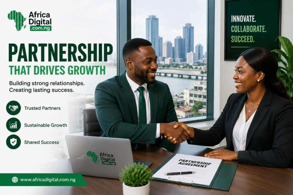 Two business professionals shaking hands after signing a partnership agreement in a modern Lagos office with green corporate branding.