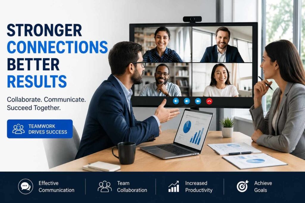 Two professionals in a modern office attending a business video conference meeting with remote team members on a large screen.